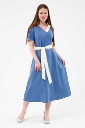 Женское платье контрастное с поясом П437СИ / Синий